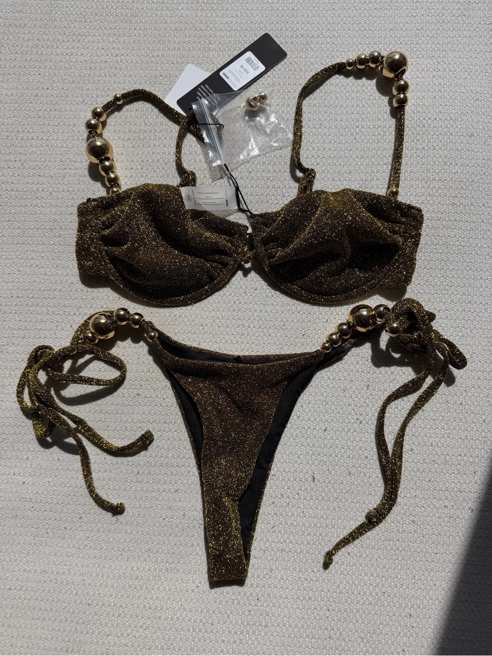 Fashion Nova Metallic Gold Beaded Two-Piece Bikini